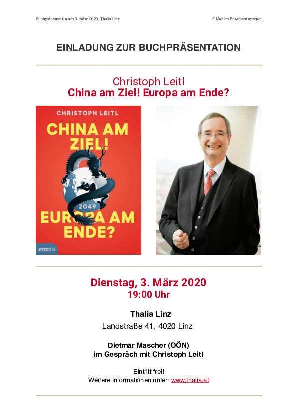 Einladung zur Präsentation des neuen Buches von Christoph Leitl: „China am Ziel! Europa am Ende?“