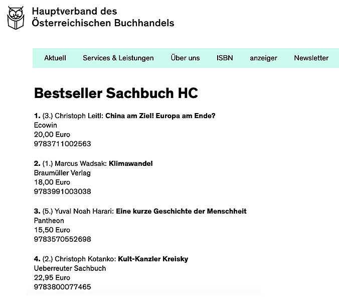 Eurochambres-Präsident Christoph Leitl führt mit Sachbuch die Bestseller-Listen an